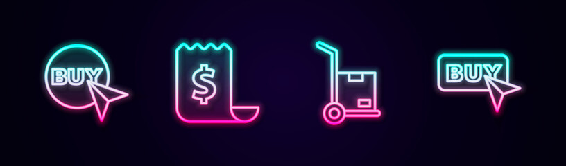 Set line Buy button, Paper check and financial check, Hand truck boxes and . Glowing neon icon. Vector