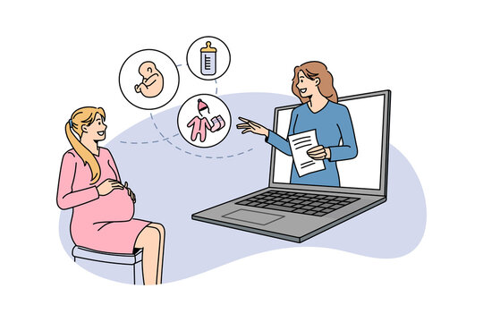 Female doctor consult pregnant woman online on computer. Happy mom to be have webcam consultation with gynecologist, talk speak on video call virtual event on lockdown. Flat vector illustration.