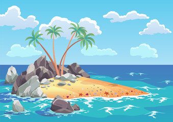 Fototapeta na wymiar Pirate ocean island in cartoon style. Palm trees on uninhabited sea island. Tropical landscape with sandy beach and tropical nature