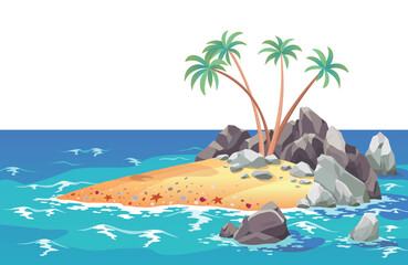 Obraz premium Pirate ocean island in cartoon style. Palm trees on uninhabited sea island. Tropical landscape with sandy beach and tropical nature