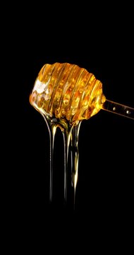Honey falling on top of a transparent honey spoon. Vertical video.