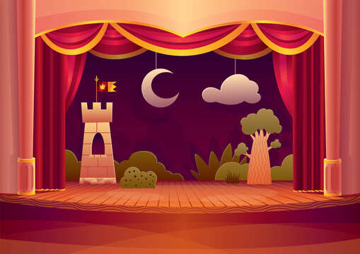 Theater stage with red curtains and on light. cartoon illustration of theatre interior with empty wooden scene, luxury velvet drapes and decoration with clouds and bushes