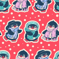 Seamless pattern with cute penguins