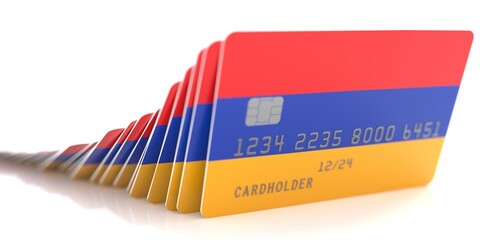 Line of fallen credit cards with flags of Armenia on white background, 3d rendering