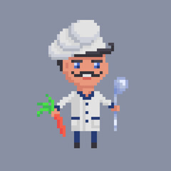 Chef in white uniform cooking. Cook character in pixel art
