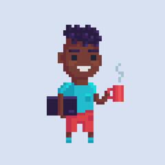 Pixel art character. A black man with laptop and cup of coffee