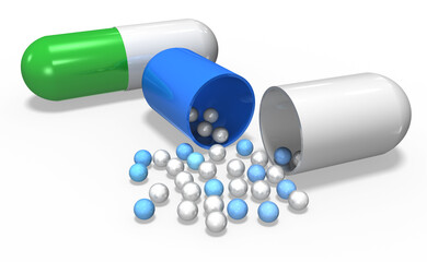 3d  Tablette, Kapseln, Medizin, Droge blau, weiß, grün mit Kügelchen, isoliert