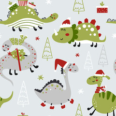 Seamless pattern with Christmas dinosaurs