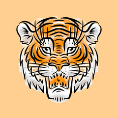 Tiger head watercolor color illustration. Outline art.