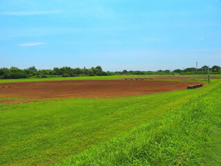 梅雨晴れの平日の江戸川河川敷の整地された野球場風景