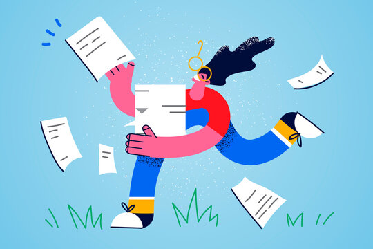 Happy girl run with paperwork excited with good news 