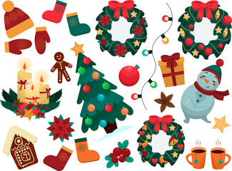 Set for Christmas and New Year elements with a Christmas tree, snowman, mistletoe wreaths. Background Icons and stickers for design and printing. Vector illustration.