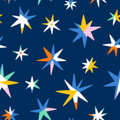 Obraz premium Color block abstract stars on blue, vector seamless pattern