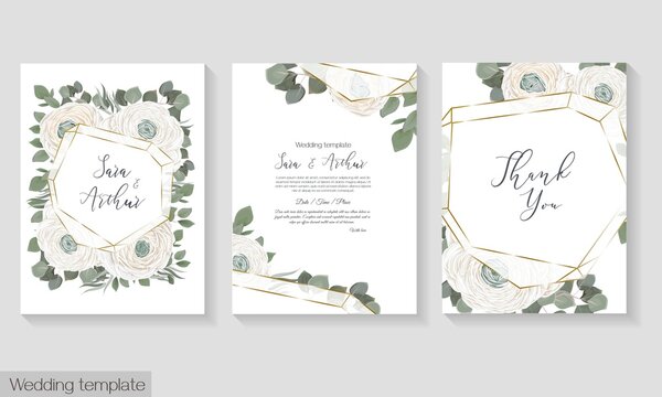 Vector floral invitation template. White roses, rununculus, green leaves, eucalyptus.