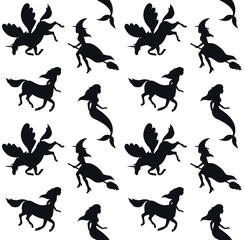 Vector seamless pattern of flat hand drawn fairy mystical characters silhouette isolated on white background