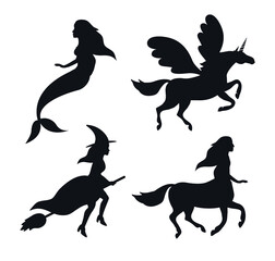 Vector set of flat hand drawn fairy mystical characters silhouette isolated on white background
