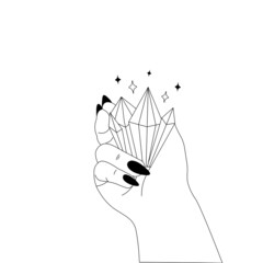 Woman hand holding crystal, boho occult magic illustration in minimalistic linear style on white background