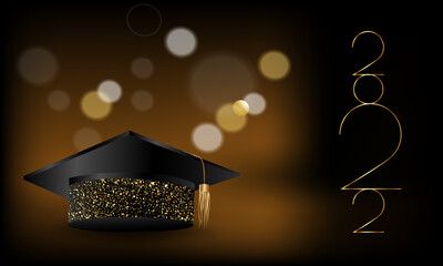 Congratulations on your graduation from school. Class of 2022. Graduation cap, confetti and balloons. Congratulatory banner. Academy of Education School of Learning