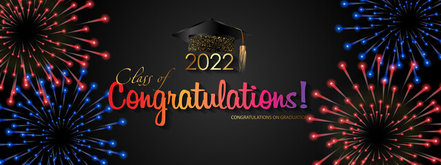 Congratulations on your graduation from school. Class of 2022. Graduation cap, confetti and balloons. Congratulatory banner. Academy of Education School of Learning