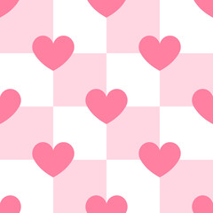 Vector seamless pattern of pink flat chess board checkered texture with hearts isolated on white background