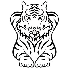 Tiger sits and looks straight. calligraphic drawing logo tattoo art
