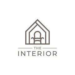 Minimalist living room interior with chair. Furniture design logotype. Home logo design with a simple armchair