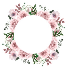 Watercolor pink roses wreath, vintage floral Frame, Dusty pink peony wreath isolated on white background, Hand painted  wildflowers illustration, for wedding design, invitations, greeting cards