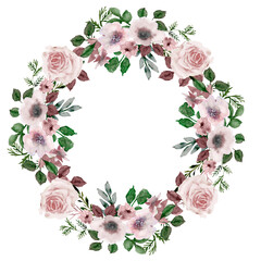 Watercolor pink roses wreath, vintage floral Frame, Dusty pink peony wreath isolated on white background, Hand painted illustration, for wedding design, invitations, background, greeting cards