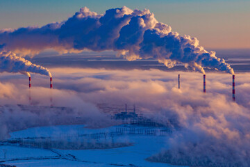 Air photo of electric power station in the winter season