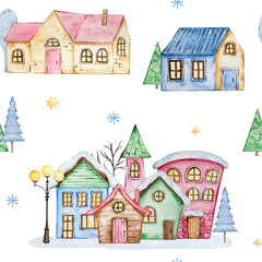 Watercolor pattern with elegant Christmas houses