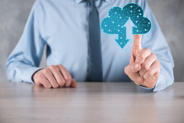 Man hold Cloud icon technology. Polygonal wireframe cloud storage sign with two arrows up and down....