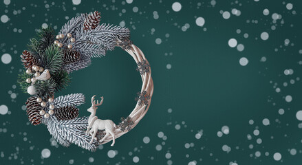 Christmas wreath made of fir tree branchess and cones,berries and toys on dark green background....