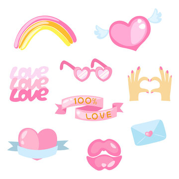 Cute love stickers set with Valentines day elements. Vector cartoon romantic objects. Lips, heart, love letter, pink ribbon, rainbow and sunglasses in doodle style.