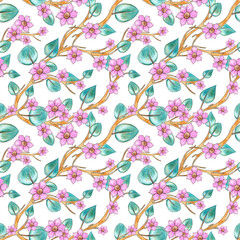 Watercolor seamless pattern of branches of a blossoming tree with leaves and flower buds, apple tree, sakura. Hand drawn illustration on white background. Natural design of fabric, wrapper, wallpaper.