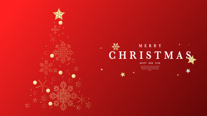 Merry Christmas  with Christmas tree made of snowflakes and golden stars on red background  , Flat Modern design , illustration Vector EPS 10