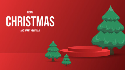 Naklejka premium Merry Christmas background, Podium with Christmas tree on red background , Flat Modern design , illustration Vector EPS 10