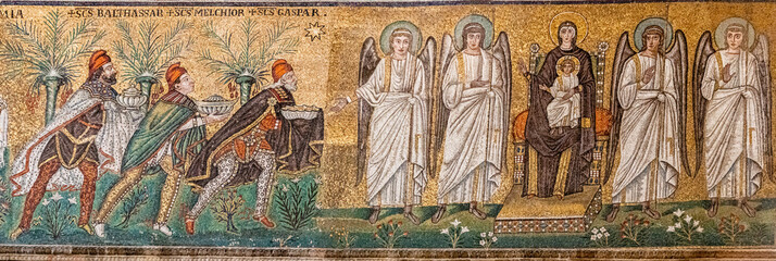 Ravenna, Italy - 01.11.2021 - The mosaic of the Holy Mary with angels and the Three Magi in the Basilica of Sant Apollinare Nuovo in Ravenna, Emilia Romagna, Italy, Europe - obrazy, fototapety, plakaty