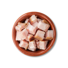 Smoked bacon cubes in a bowl isolated over white background