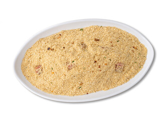 Farofa, typical brazilian manioc flour side dish, isolated over white background
