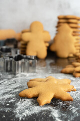 Homemade Christmas gingerbread cookies on the kitchen table.