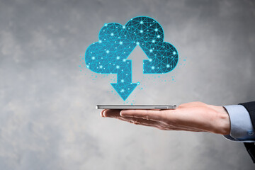 Man hold Cloud icon technology. Polygonal wireframe cloud storage sign with two arrows up and down....