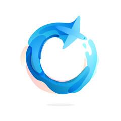 The plane flying in a circle. Watercolor style logo.