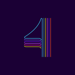 Neon light number four symbol. Six thin lines colored font.