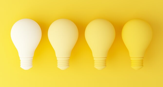 Four light bulps making gradient. Leadership and creative idea concepts. 3d rendering illustration. 
