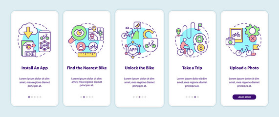 Bike sharing usage onboarding mobile app page screen. Installing app and taking trip walkthrough 5 steps graphic instructions with concepts. UI, UX, GUI vector template with linear color illustrations