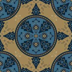 Seamless pattern. Christmas theme. Pretty mandalas with christmas trees, hearts and butterflies. Colors blue, grey and golden yellow.