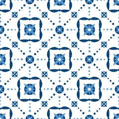 Gordijnen Italian tile pattern seamless vector with star ornaments. Portuguese azulejos, mexican talavera, sicily majolica, spanish motifs. Abstract ceramic texture for kitchen wall or bathroom floor. © irinelle