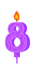 Candle number eight. Greeting 8 yers, icon on dessert, cartoon vector image