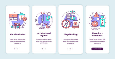 Scooter sharing problems onboarding mobile app page screen. Visual pollution walkthrough 4 steps graphic instructions with concepts. UI, UX, GUI vector template with linear color illustrations