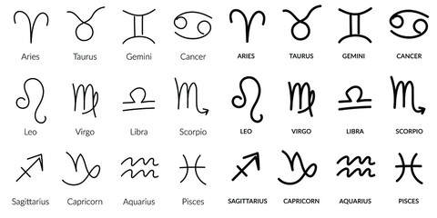 Zodiac signs. Vector flat black and white line drawing for printing, cards, t-shirt, web design. Astrology, horoscope. Line icons of zodiac. Isolated pictograms on white background